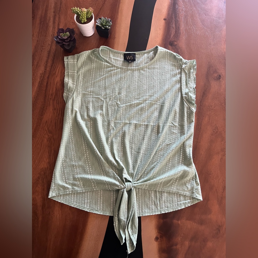 W5 M sage green ruffle cap sleeve tie front top
